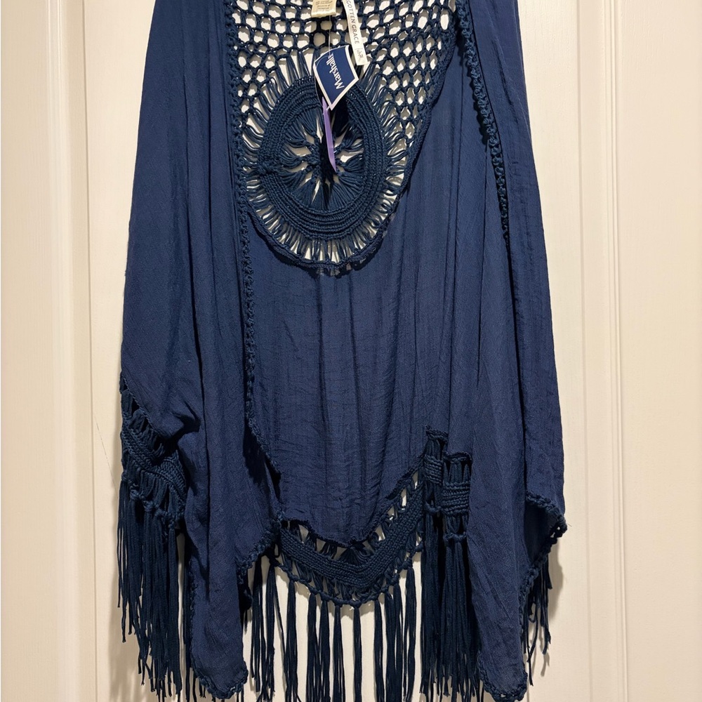 Chic Navy Crochet Cape with Fringe